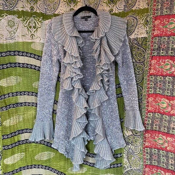 Sioni Sweaters - Y2K Sioni Gray Knit Fairycore Ruffle Cardigan Size Small